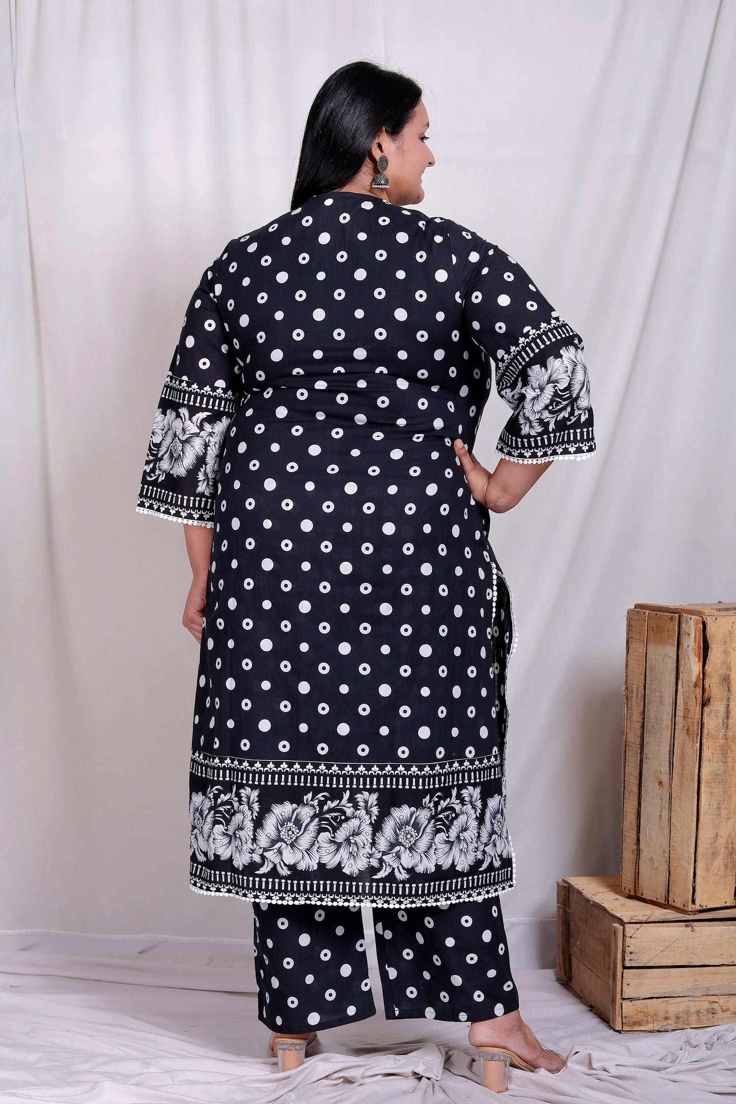 POLKA DOT FLORAL PRINT COTTON 3 PEICE KURTA PANT IN BLACK BY PLUSSIZEKURTI