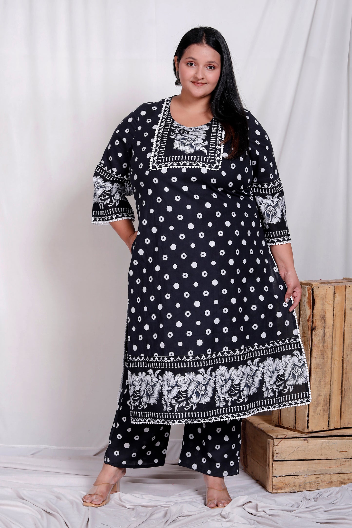 POLKA DOT FLORAL PRINT COTTON 3 PEICE KURTA PANT IN BLACK BY PLUSSIZEKURTI