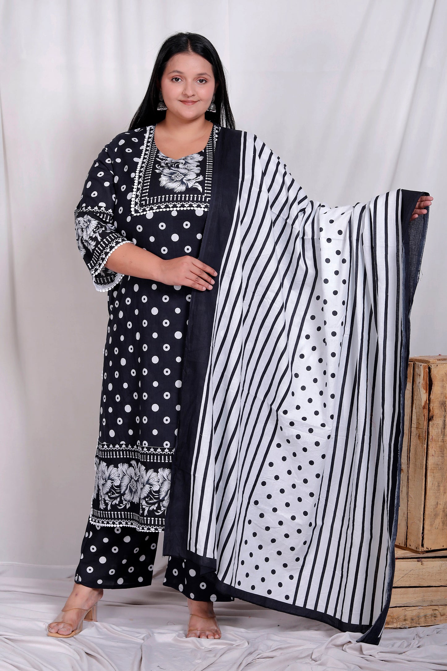 POLKA DOT FLORAL PRINT COTTON 3 PEICE KURTA PANT IN BLACK BY PLUSSIZEKURTI