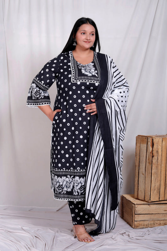 POLKA DOT FLORAL PRINT COTTON 3 PEICE KURTA PANT IN BLACK BY PLUSSIZEKURTI
