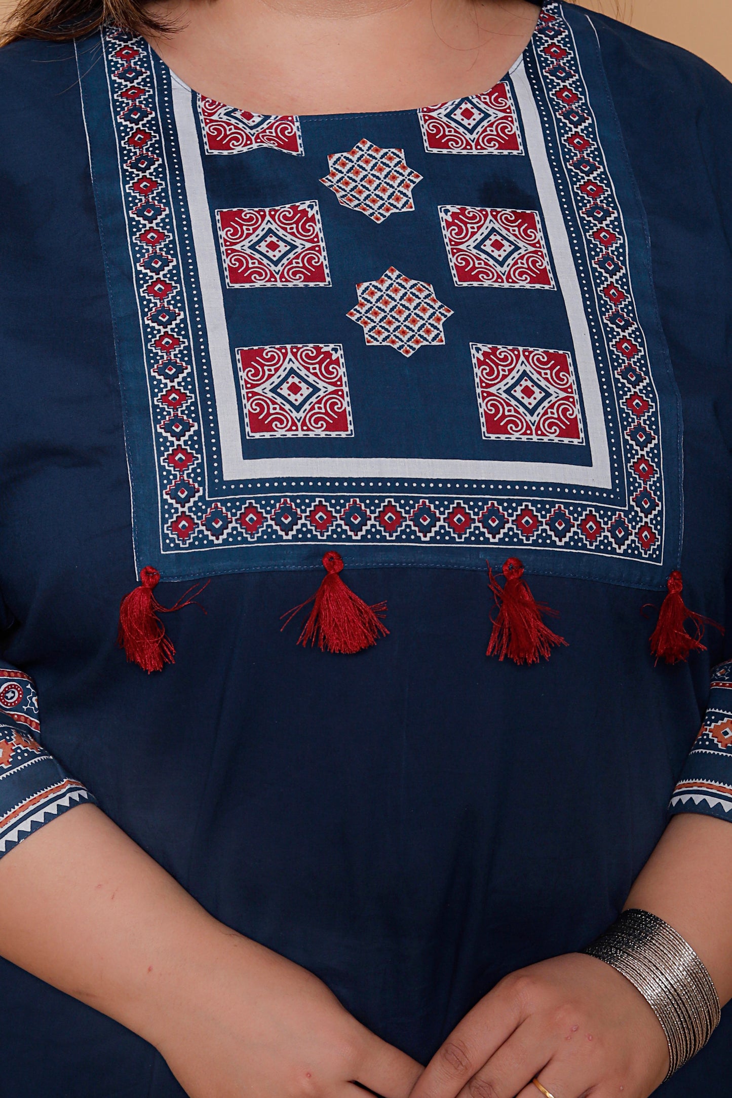 AJRAKH INSPIRED PRINT COTTON 3 PEICE KURTA PANT IN NAVY BLUE BY PLUSSIZEKURTI