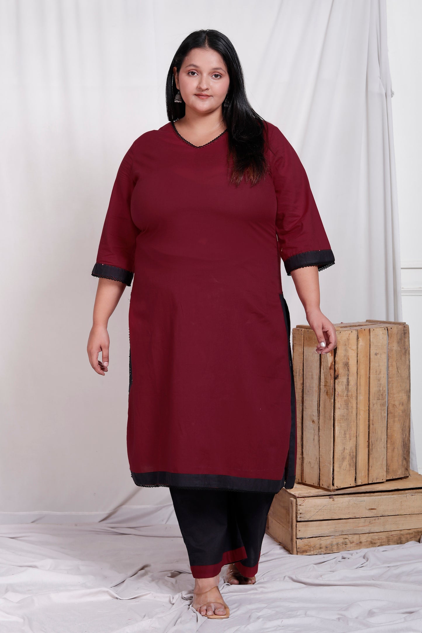 SOLID COTTON LACE WORK 2 PEICE KURTA PANT IN MAHROON/BLACK BY PLUSSIZEKURTI