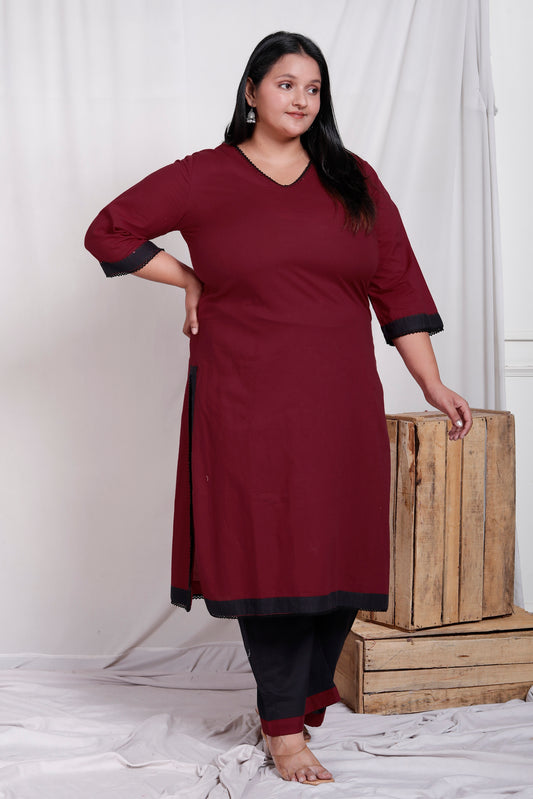 SOLID COTTON LACE WORK 2 PEICE KURTA PANT IN MAHROON/BLACK BY PLUSSIZEKURTI
