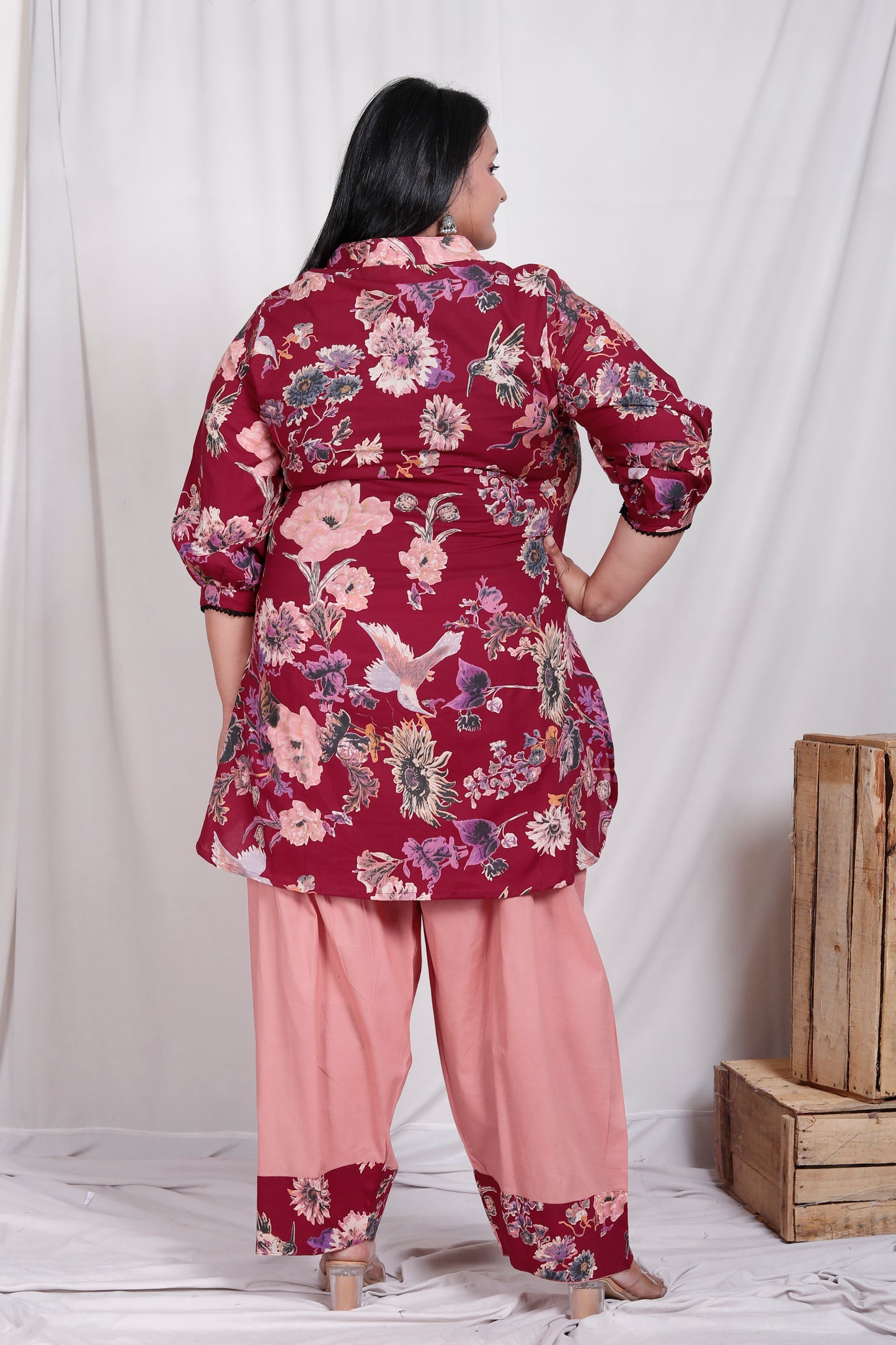 FLORAL BIRD PRINT COTTON 2 PEICE KURTA FARSI SALWAR IN WINE RED BY PLUSSIZEKURTI