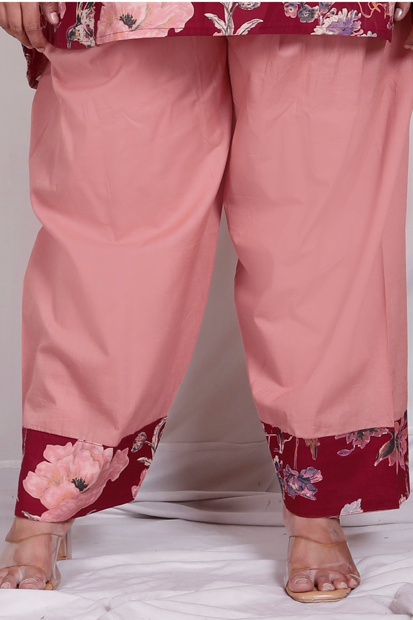 FLORAL BIRD PRINT COTTON 2 PEICE KURTA FARSI SALWAR IN WINE RED BY PLUSSIZEKURTI