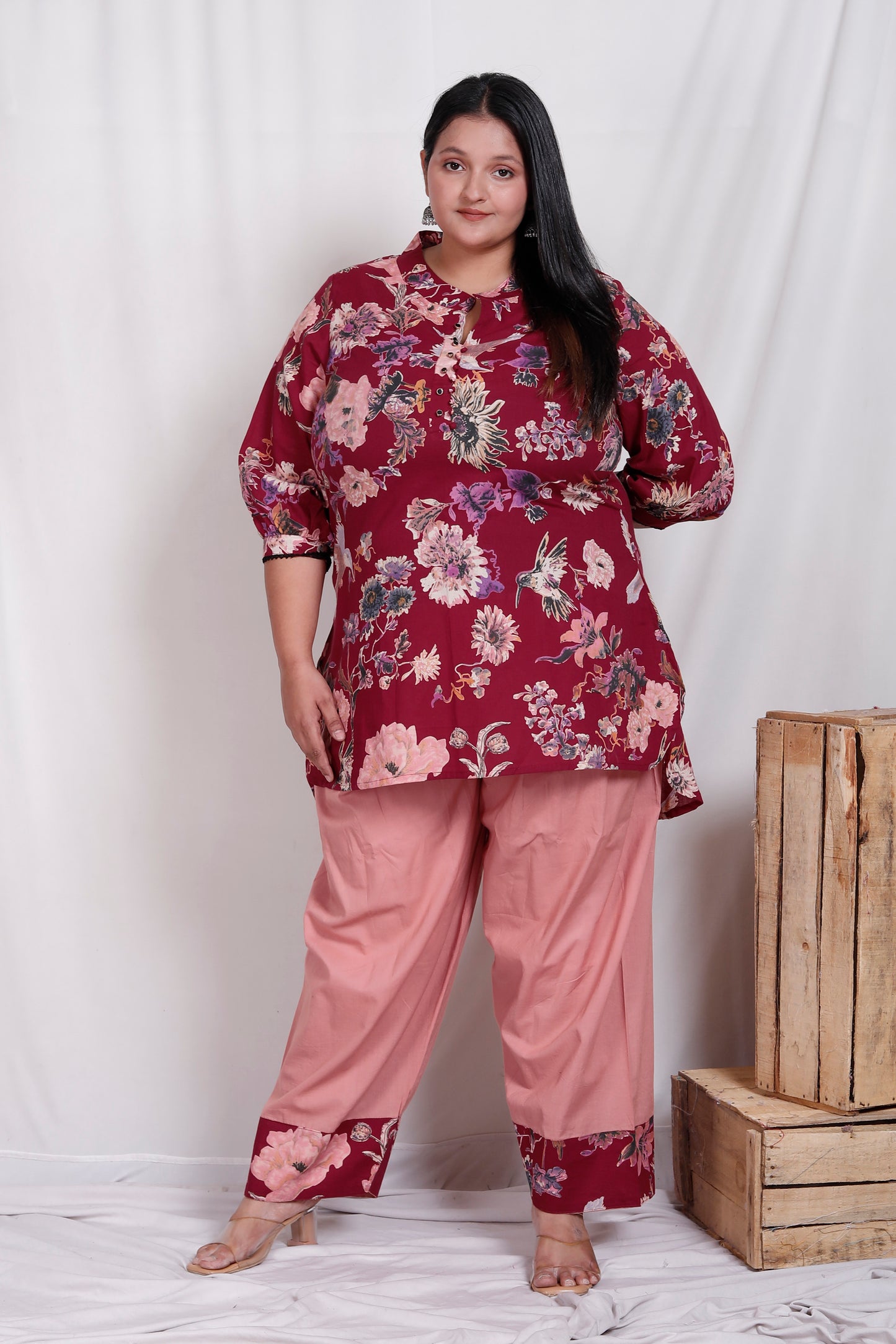 FLORAL BIRD PRINT COTTON 2 PEICE KURTA FARSI SALWAR IN WINE RED BY PLUSSIZEKURTI