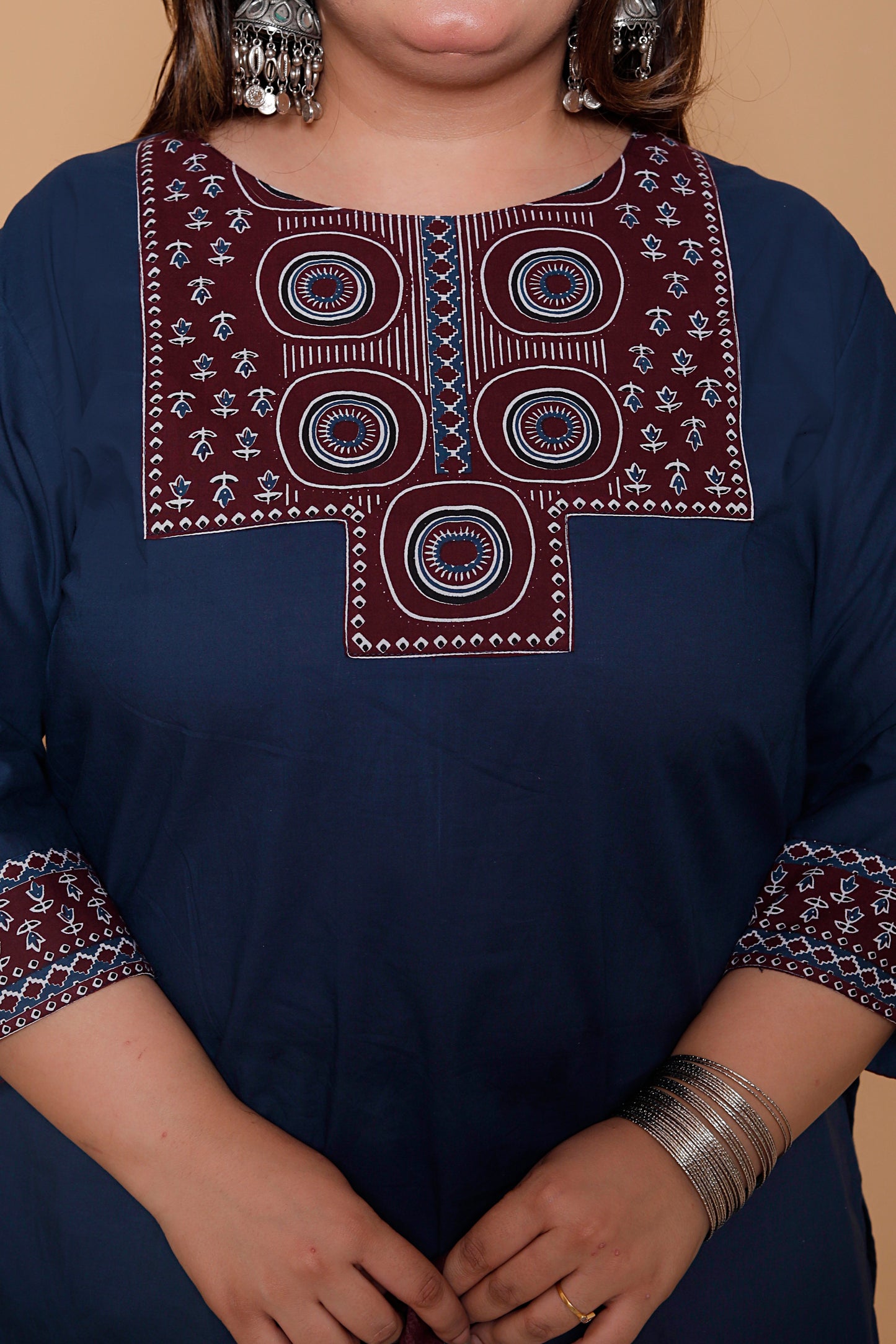 AJRAKH ETHNIC PRINT COTTON 3 PEICE KURTA PANT IN BLUE BY PLUSSIZEKURTI