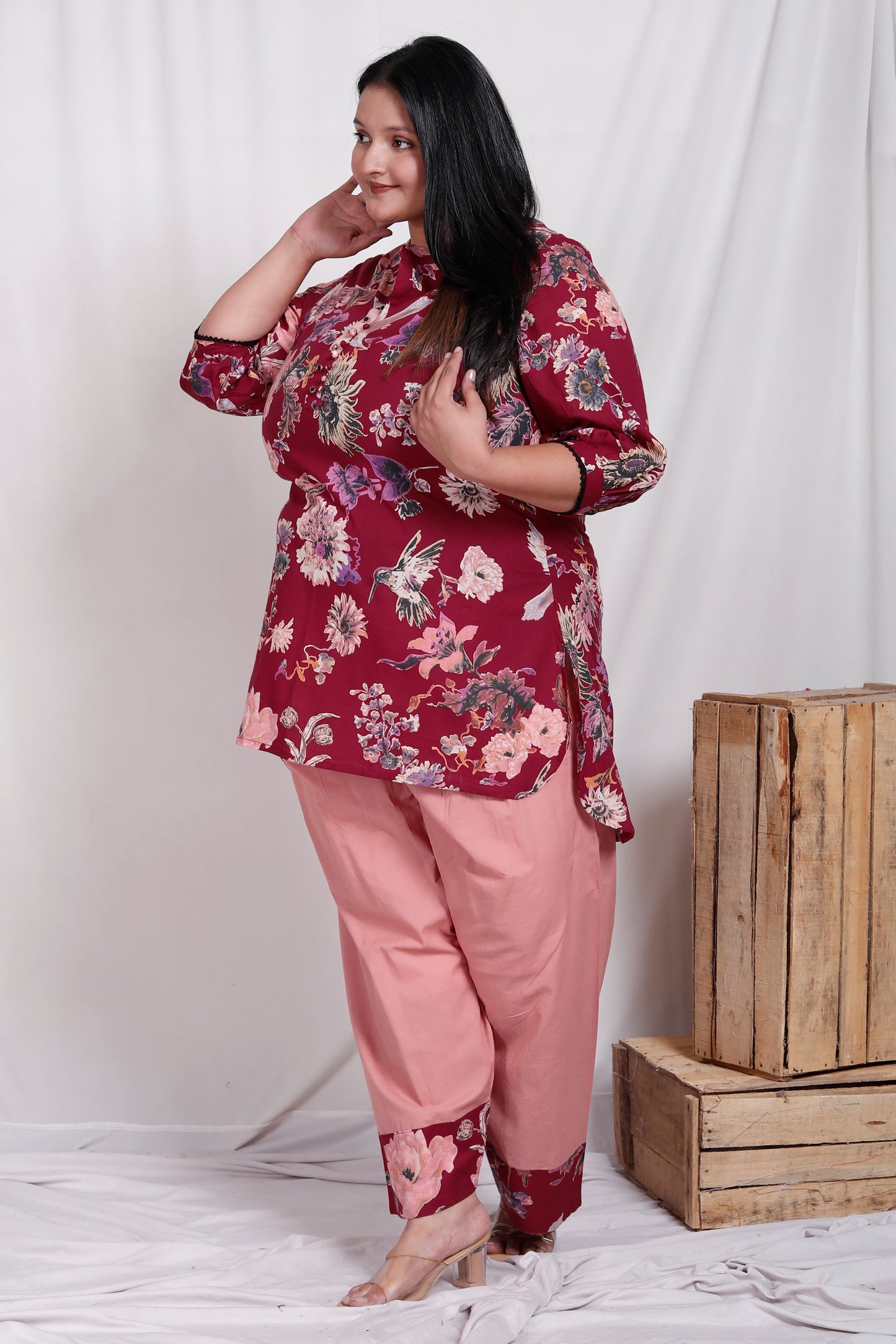 FLORAL BIRD PRINT COTTON 2 PEICE KURTA FARSI SALWAR IN WINE RED BY PLUSSIZEKURTI