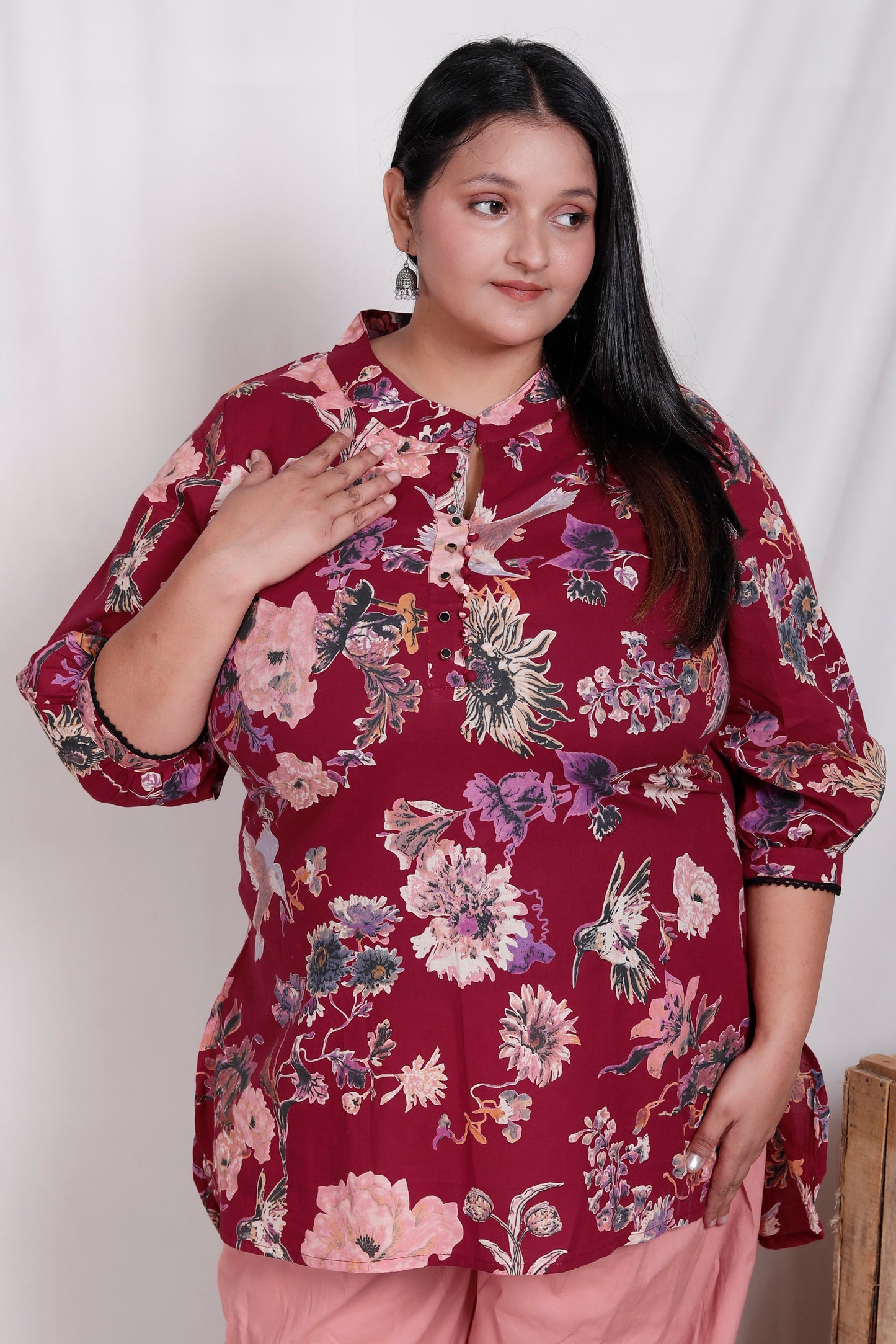 FLORAL BIRD PRINT COTTON 2 PEICE KURTA FARSI SALWAR IN WINE RED BY PLUSSIZEKURTI