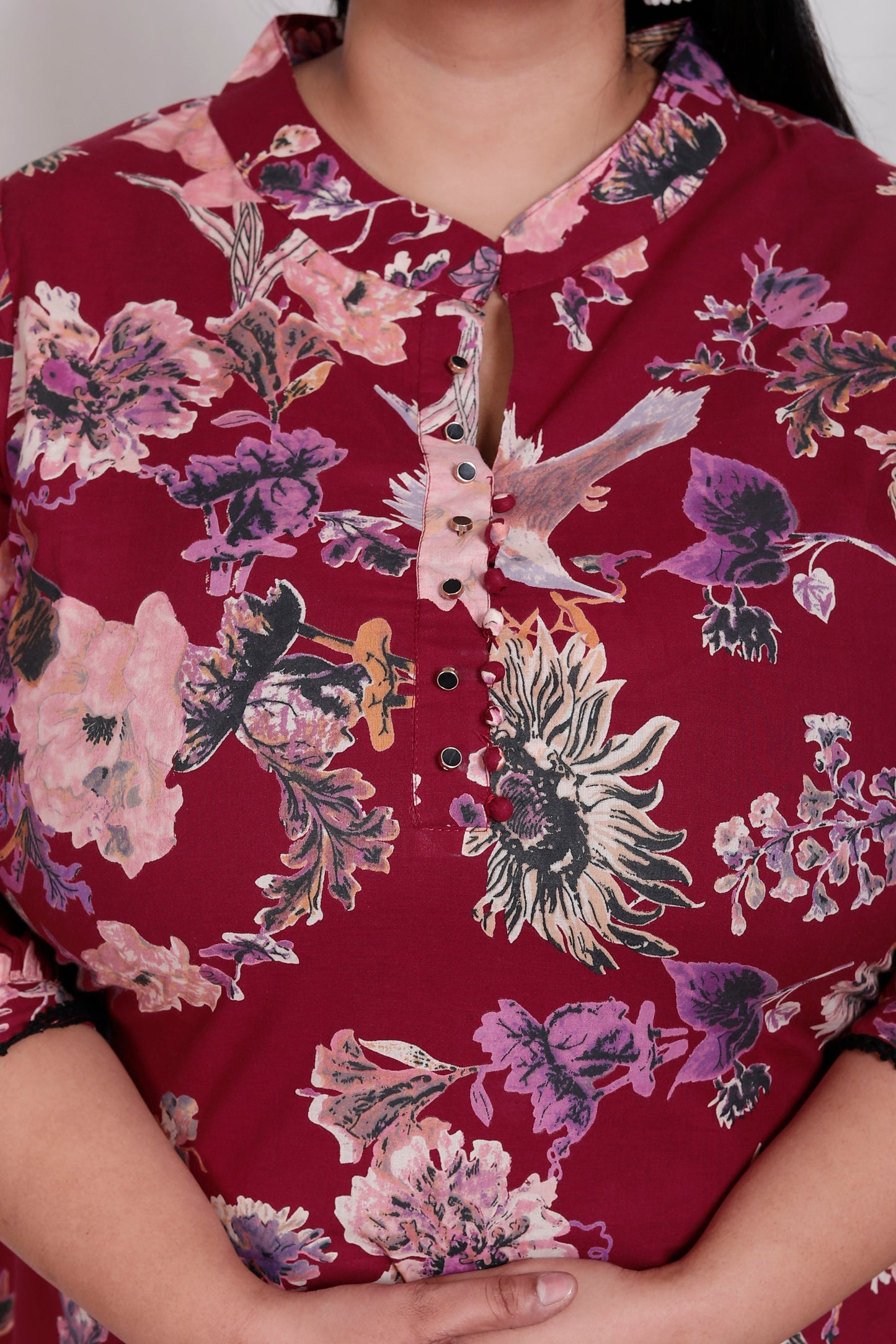 FLORAL BIRD PRINT COTTON 2 PEICE KURTA FARSI SALWAR IN WINE RED BY PLUSSIZEKURTI