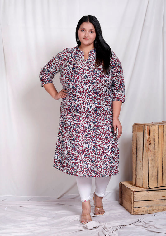 ABSTRACT FLORAL BLOCK PRINT COTTON KURTI IN MAROON/BLUE BY PLUSSIZEKURTI