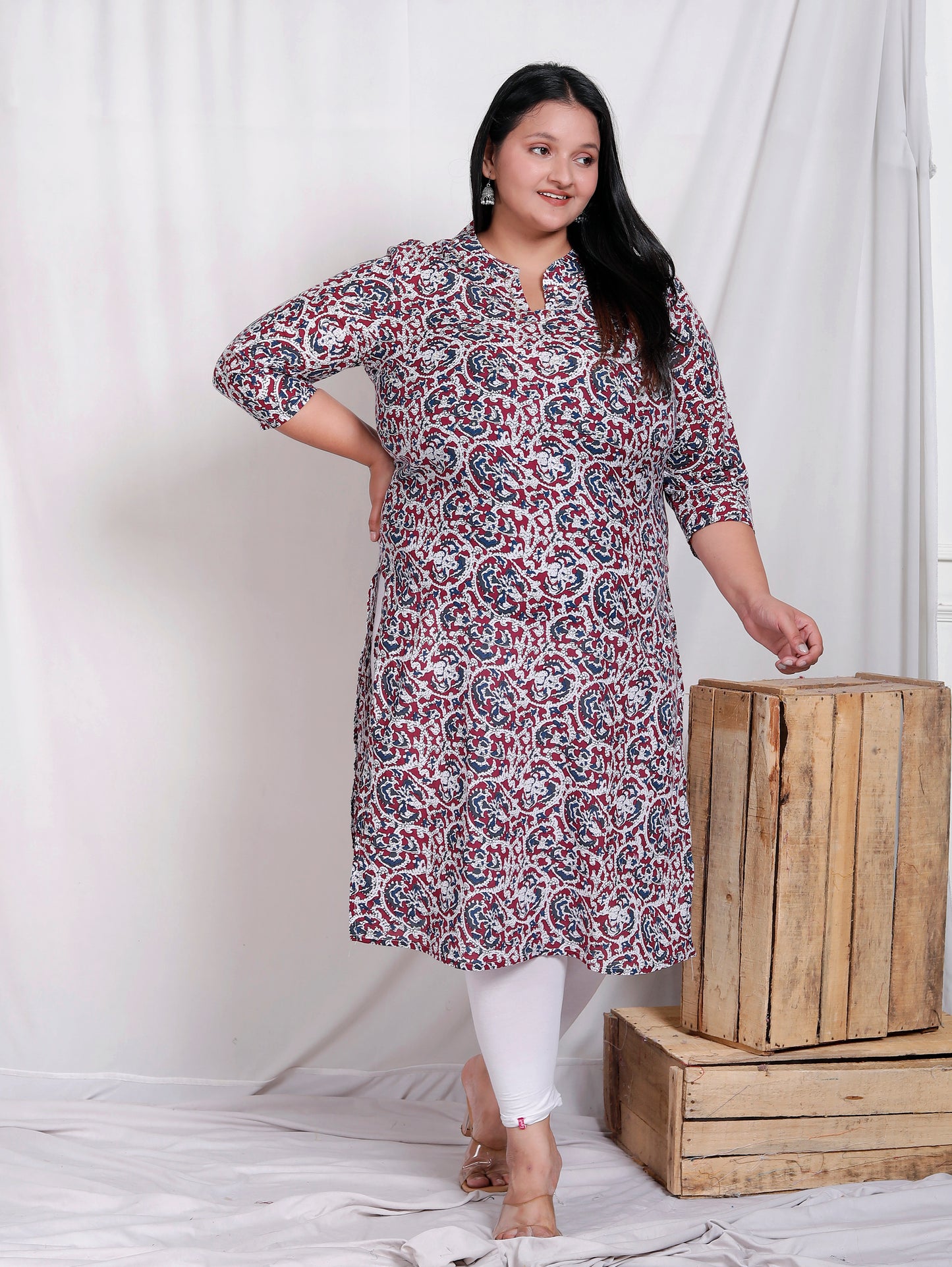 ABSTRACT FLORAL BLOCK PRINT COTTON KURTI IN MAROON/BLUE BY PLUSSIZEKURTI