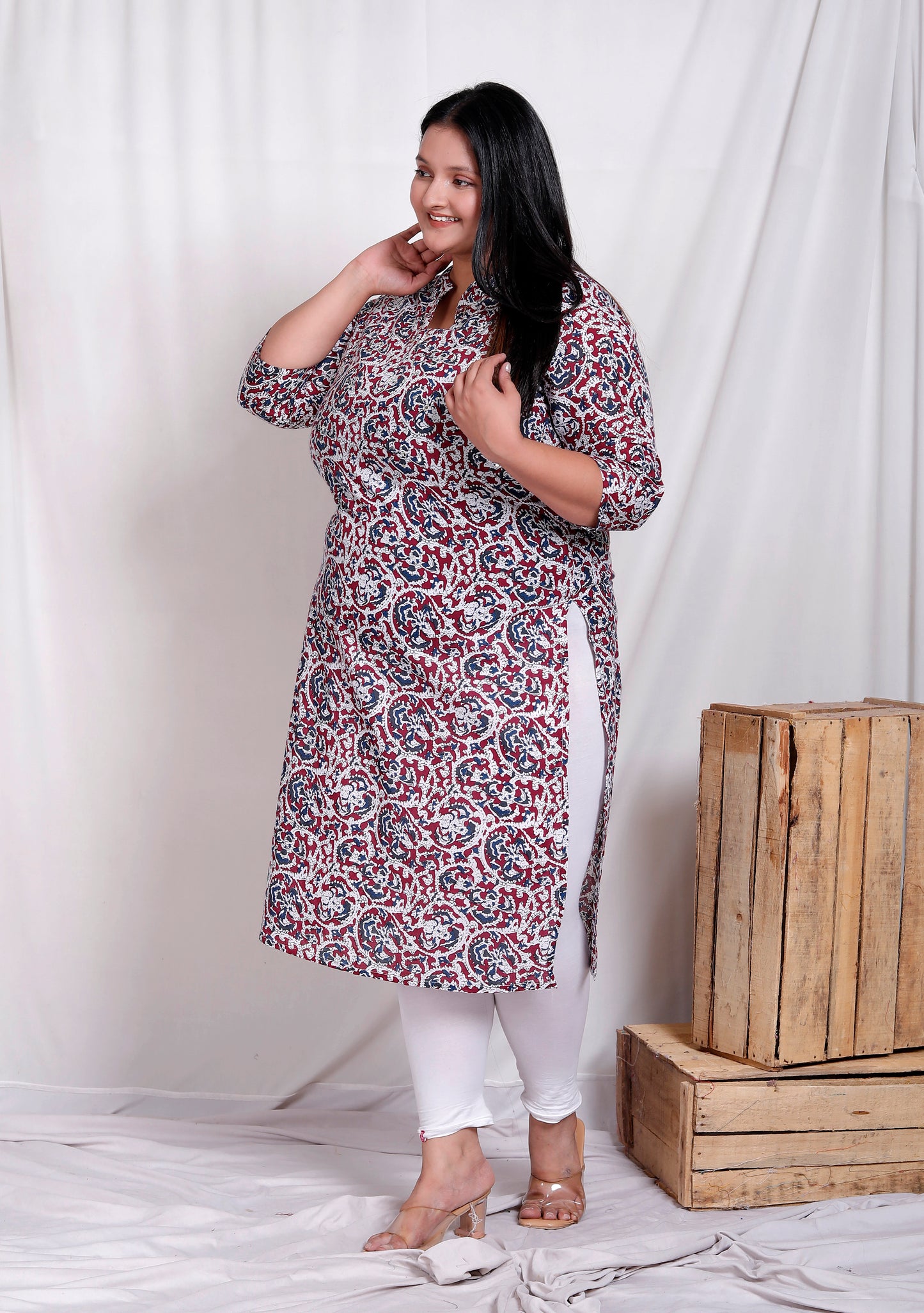 ABSTRACT FLORAL BLOCK PRINT COTTON KURTI IN MAROON/BLUE BY PLUSSIZEKURTI