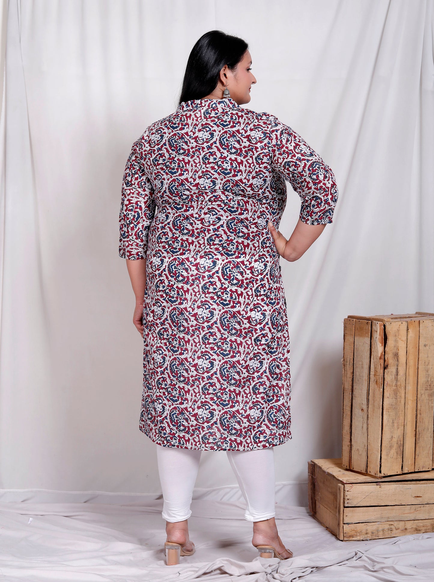 ABSTRACT FLORAL BLOCK PRINT COTTON KURTI IN MAROON/BLUE BY PLUSSIZEKURTI