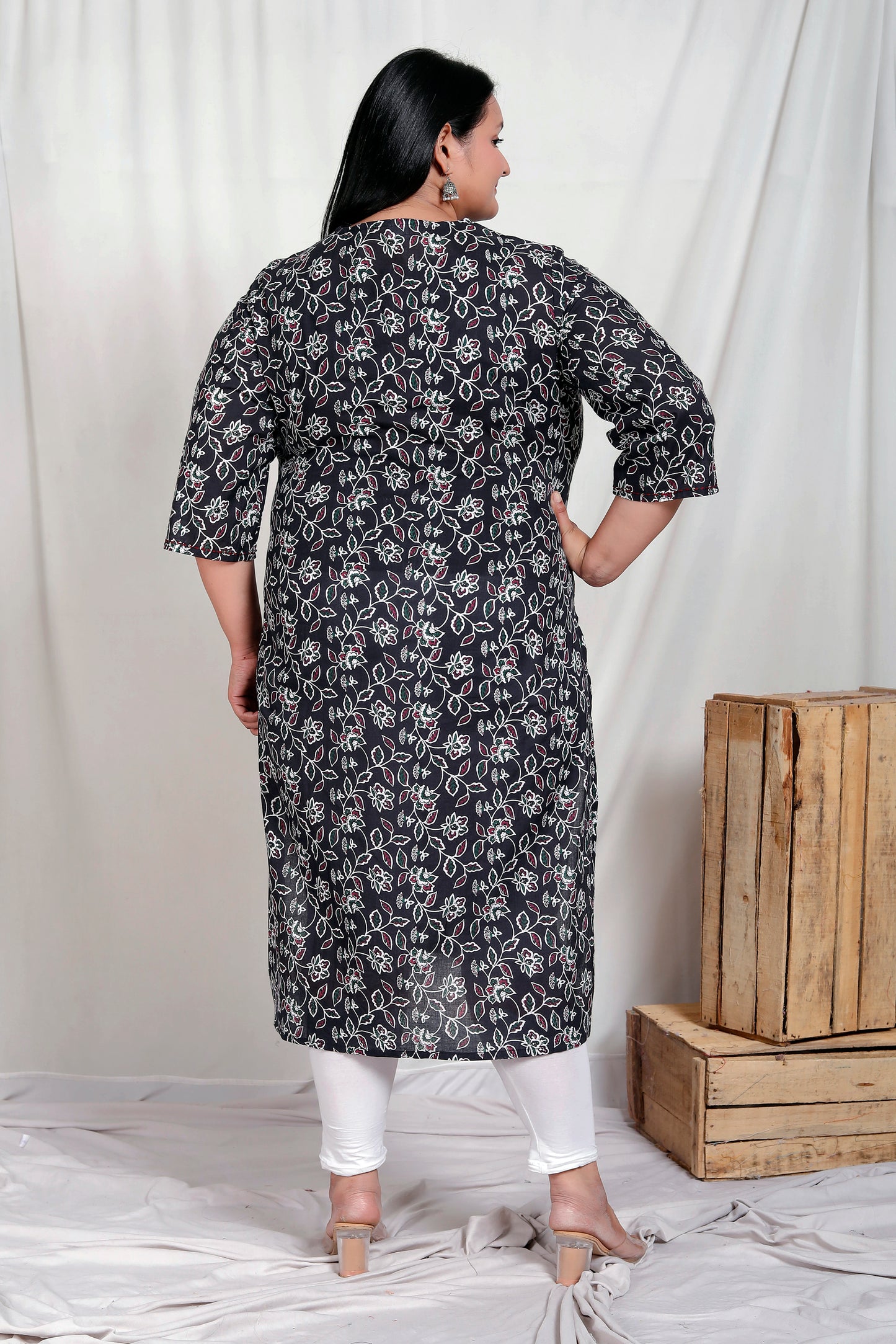 ABSTRACT FLORAL BLOCK PRINT COTTON KURTI IN BLACK BY PLUSSIZEKURTI