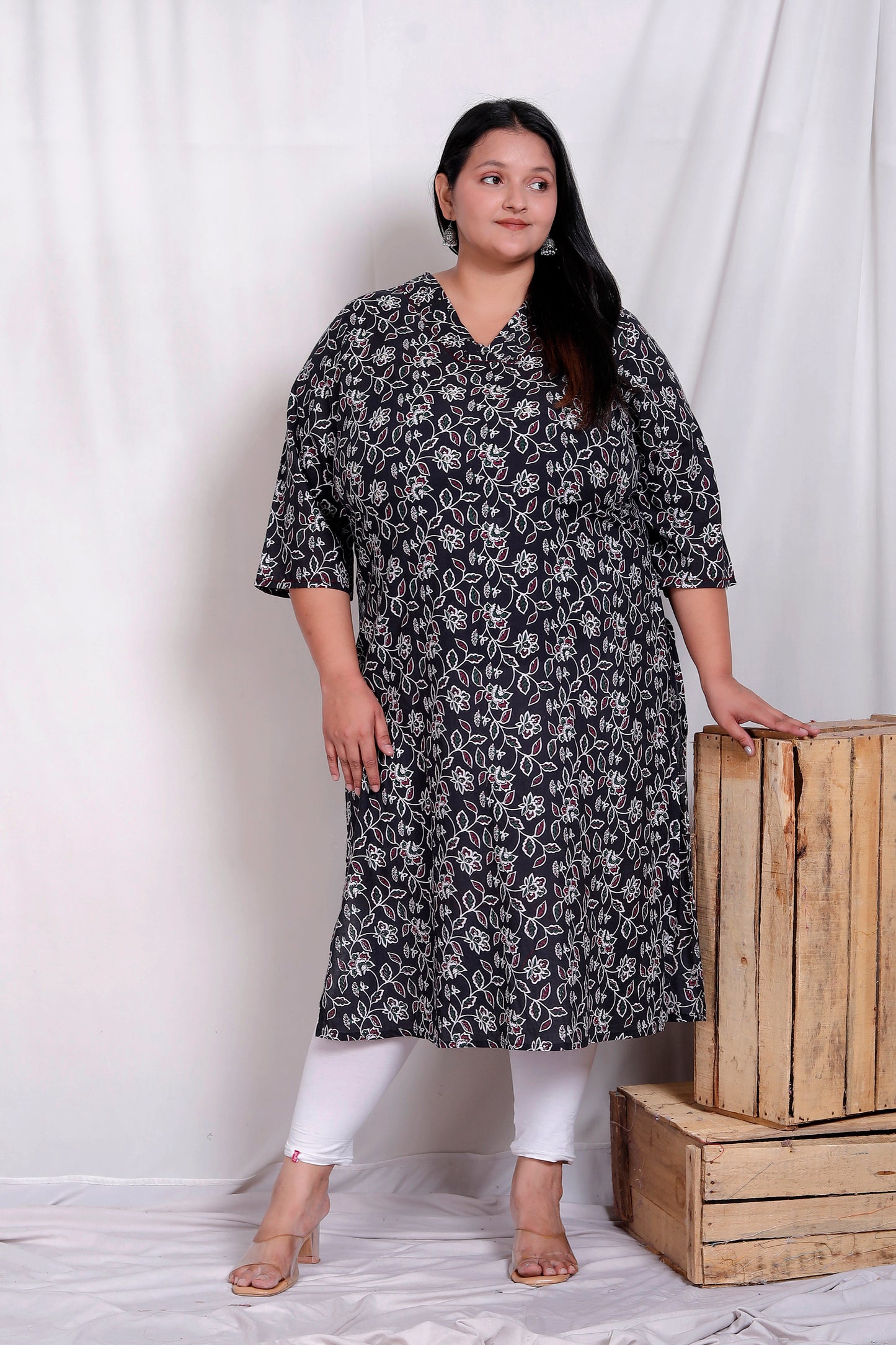 ABSTRACT FLORAL BLOCK PRINT COTTON KURTI IN BLACK BY PLUSSIZEKURTI