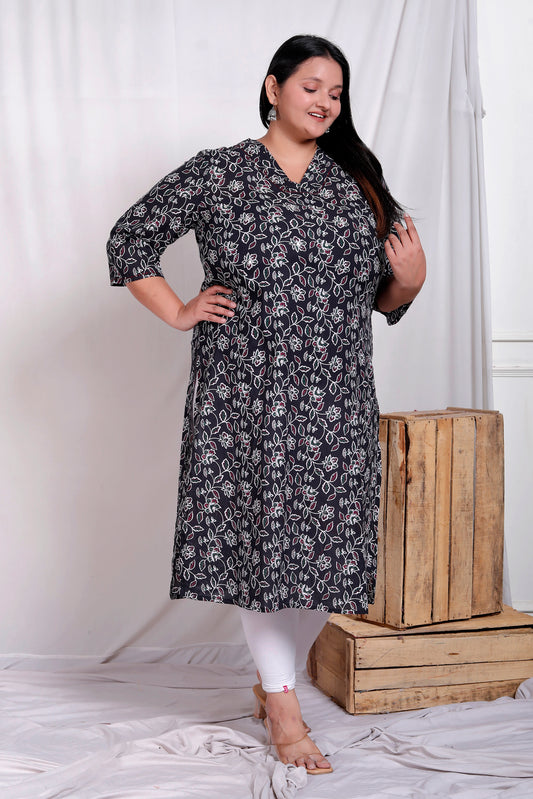 ABSTRACT FLORAL BLOCK PRINT COTTON KURTI IN BLACK BY PLUSSIZEKURTI