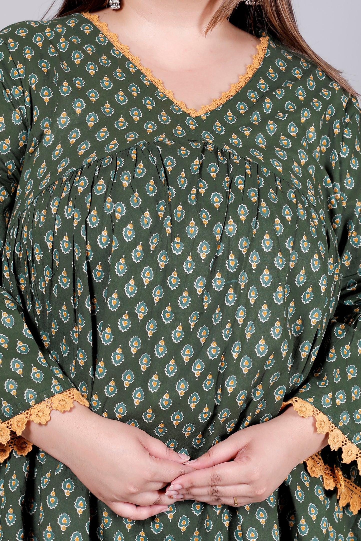 HAND BLOCK BUTTI PRINT COTTON TOP IN CHERRY OLIVE GREEN/MUSTURED COLOUR BY PLUSSIZEKURTI