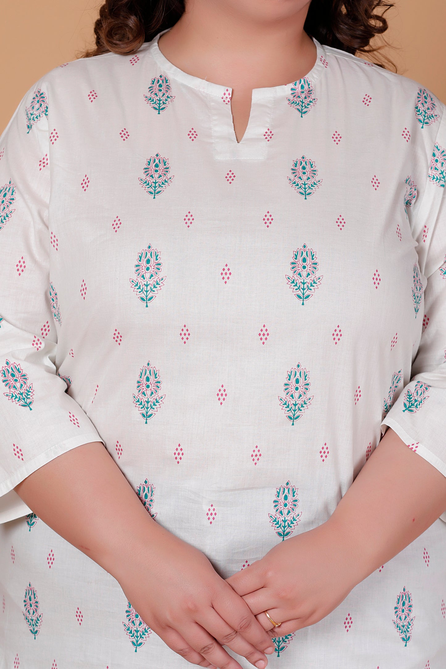 FLORAL BUTTA PRINT COTTON TOP IN OFFWHITE COLOUR BY PLUSSIZEKURTI