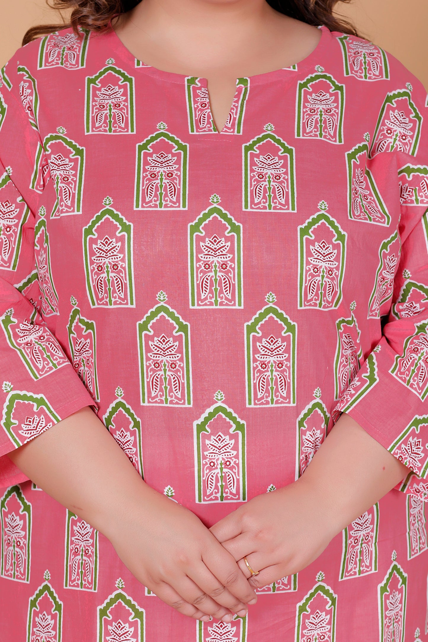 ARCH BLOCK PRINT COTTON KURTI IN FRESH PEACH PINK BY PLUSSIZEKURTI