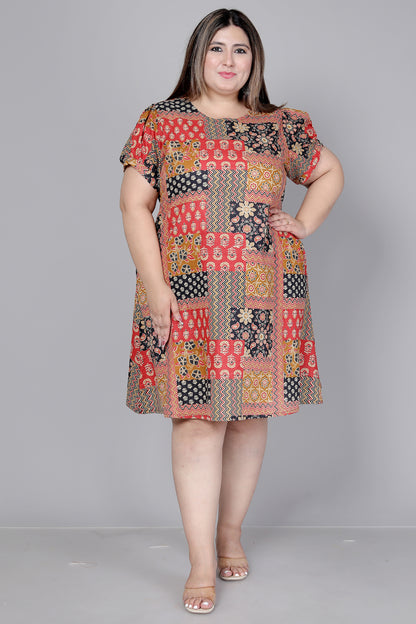 PATCHWORK MOTIF PRINT COTTON DRESS IN MUSTARD BY PLUSSIZEKURTI