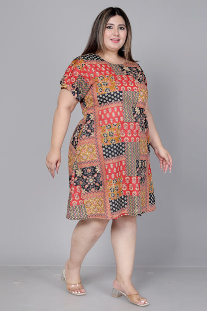 PATCHWORK MOTIF PRINT COTTON DRESS IN MUSTARD BY PLUSSIZEKURTI