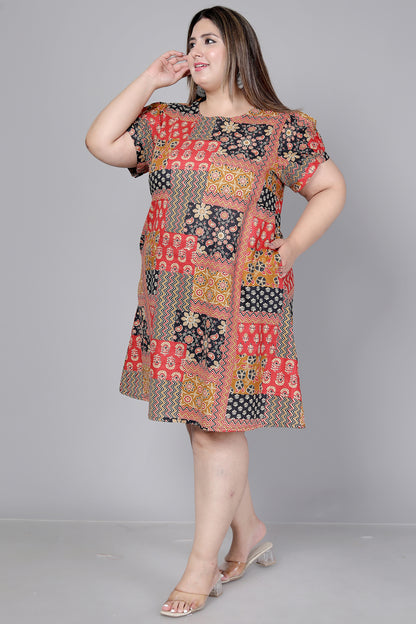 PATCHWORK MOTIF PRINT COTTON DRESS IN MUSTARD BY PLUSSIZEKURTI