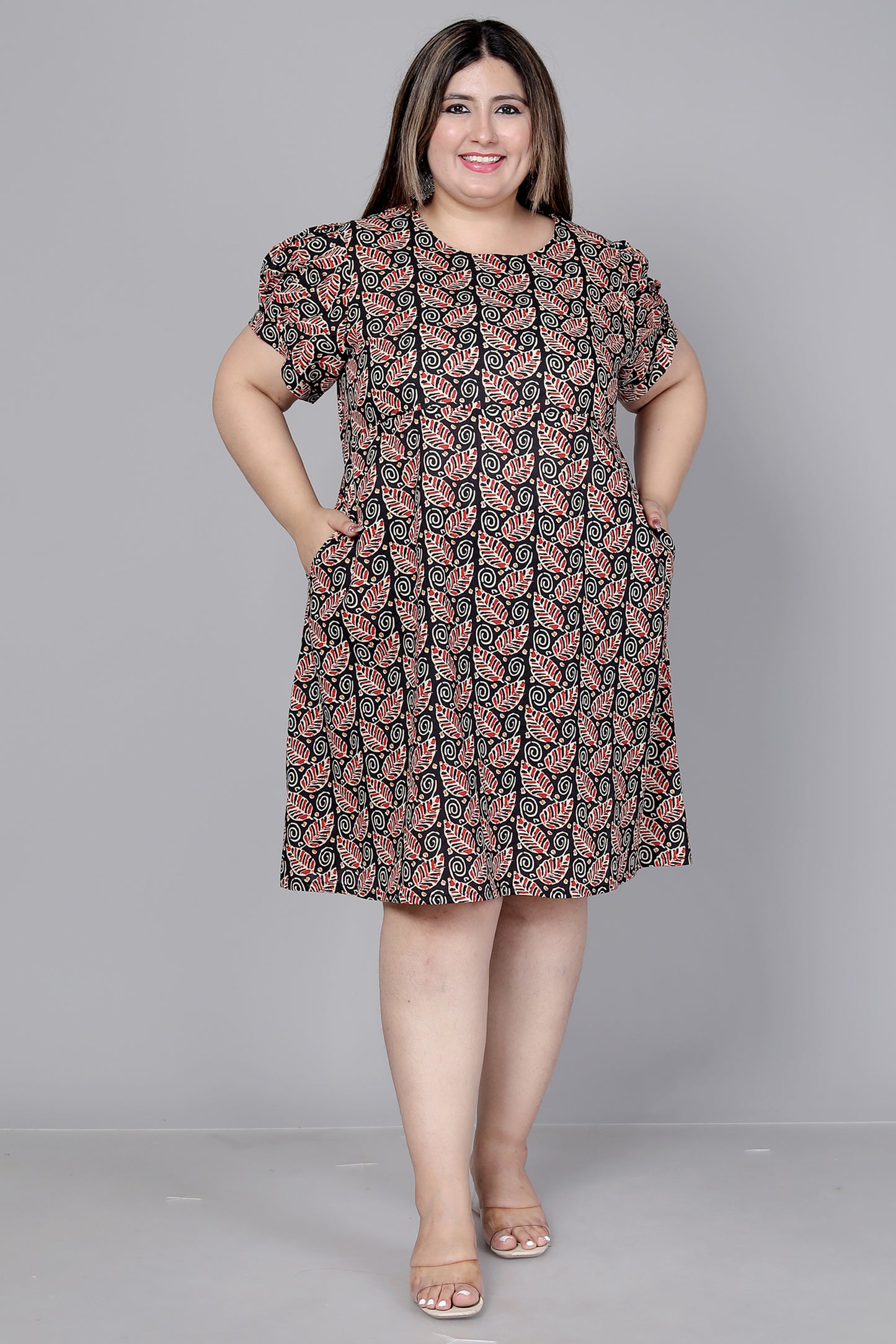 LEAF MOTIF PRINT COTTON DRESS IN BLACK BY PLUSSIZEKURTI