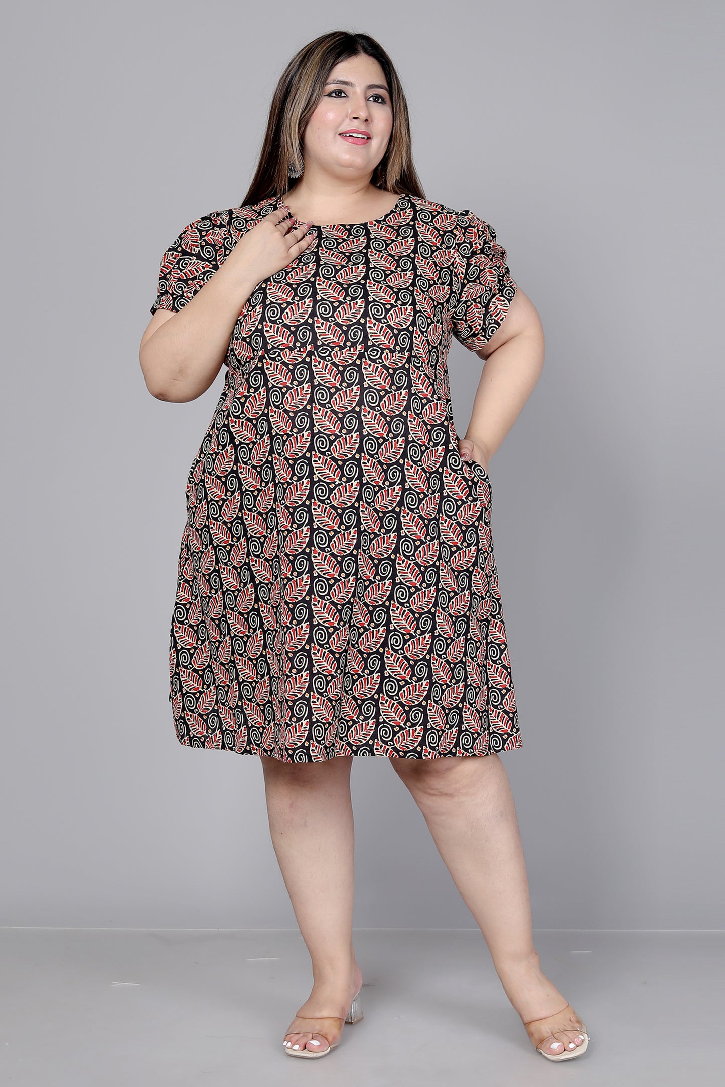 LEAF MOTIF PRINT COTTON DRESS IN BLACK BY PLUSSIZEKURTI