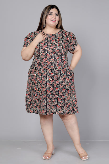 LEAF MOTIF PRINT COTTON DRESS IN BLACK BY PLUSSIZEKURTI