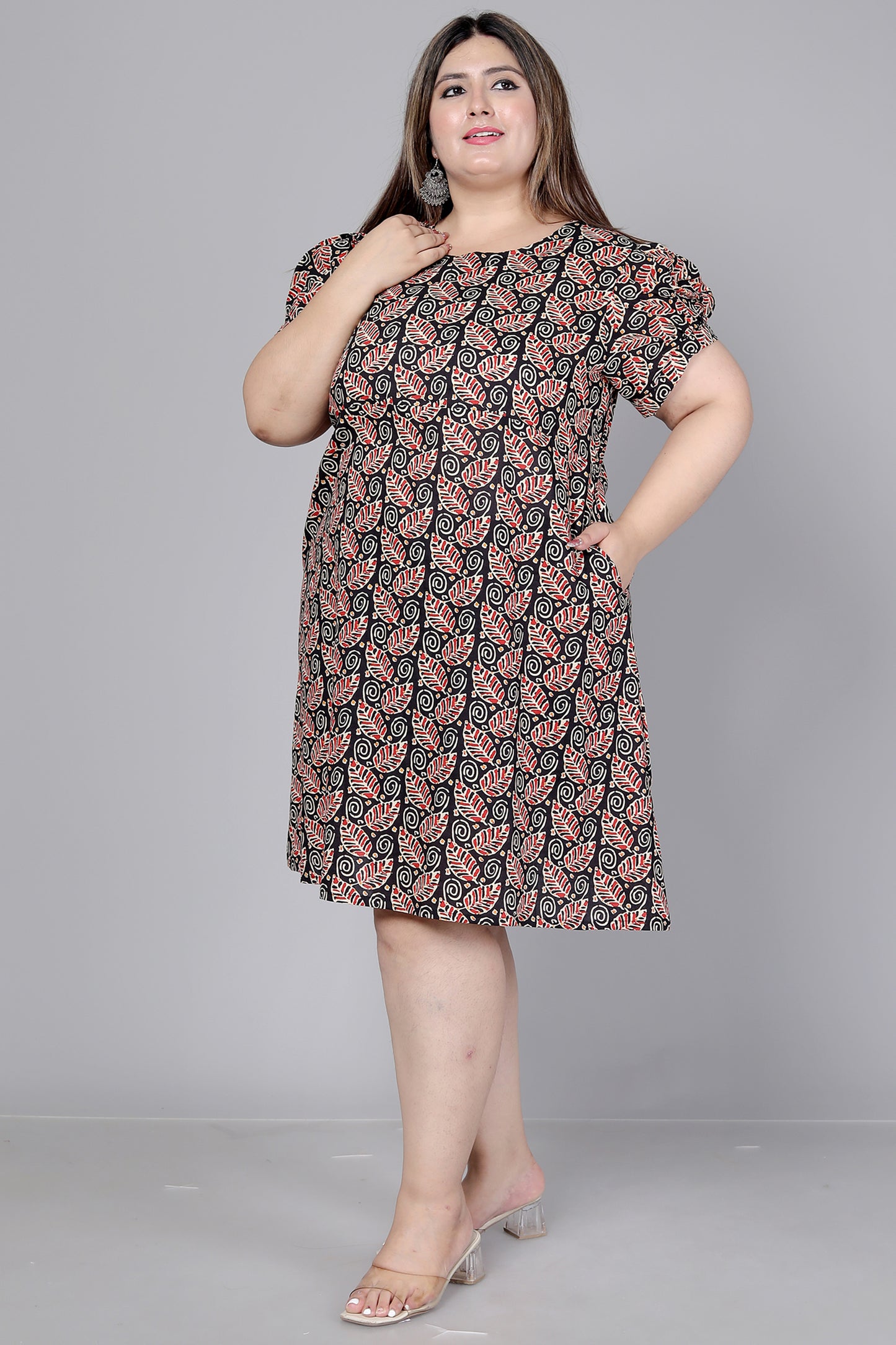 LEAF MOTIF PRINT COTTON DRESS IN BLACK BY PLUSSIZEKURTI