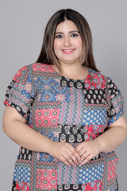 PATCHWORK PRINT COTTON DRESS IN MULTICOLOR BY PLUSSIZEKURTI
