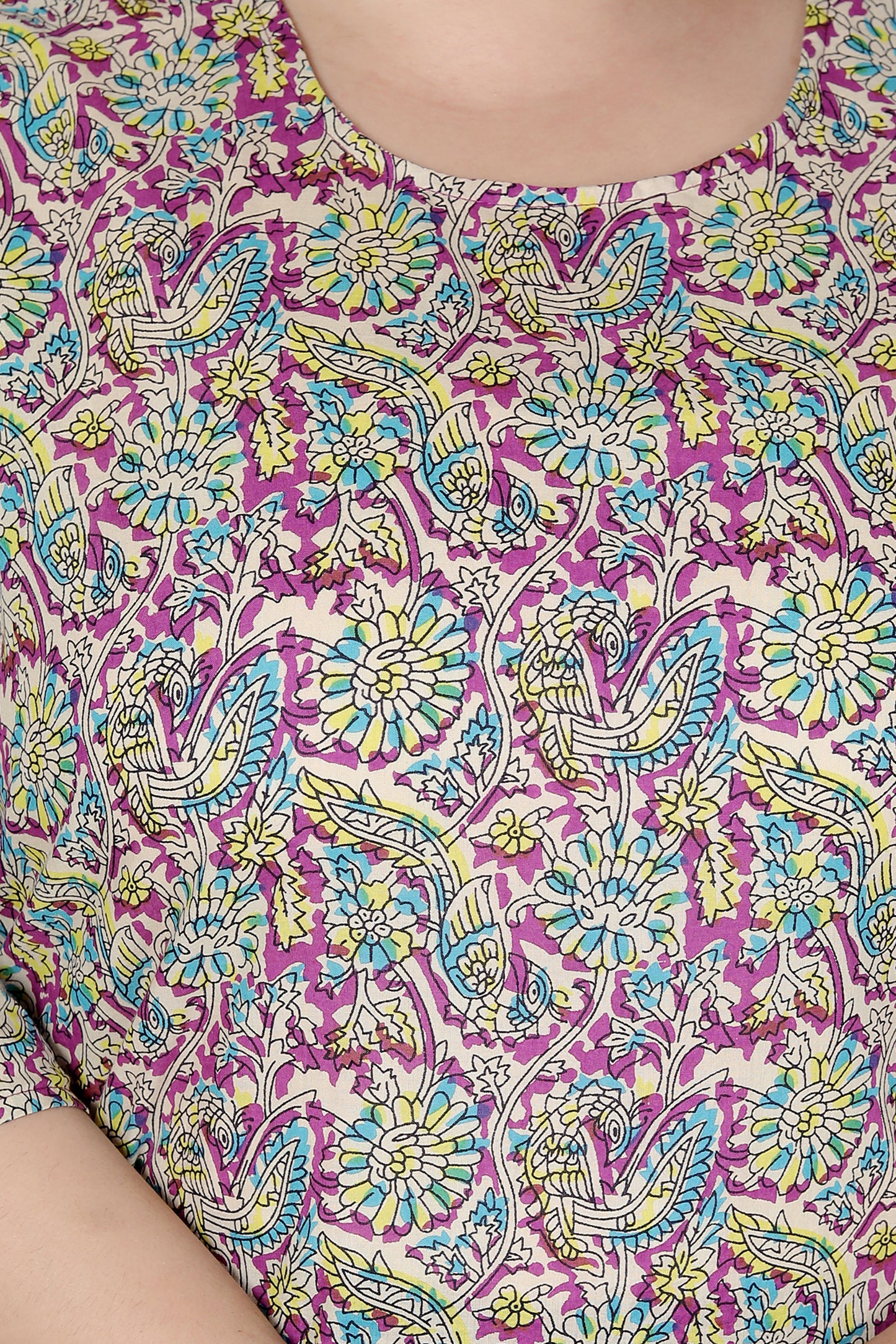 FLORAL AND BIRD MOTIF PRINT COTTON DRESS IN LIGHT MAGENTA BY PLUSSIZEKURTI