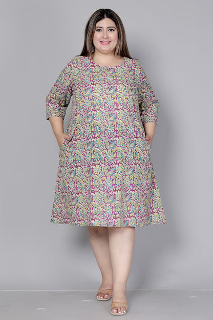FLORAL AND BIRD MOTIF PRINT COTTON DRESS IN LIGHT MAGENTA BY PLUSSIZEKURTI