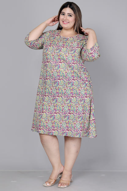 FLORAL AND BIRD MOTIF PRINT COTTON DRESS IN LIGHT MAGENTA BY PLUSSIZEKURTI