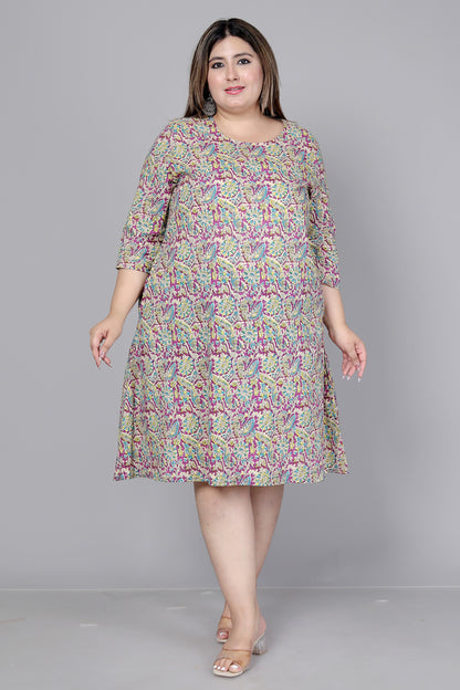 FLORAL AND BIRD MOTIF PRINT COTTON DRESS IN LIGHT MAGENTA BY PLUSSIZEKURTI