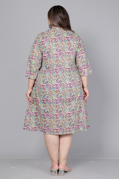 FLORAL AND BIRD MOTIF PRINT COTTON DRESS IN LIGHT MAGENTA BY PLUSSIZEKURTI