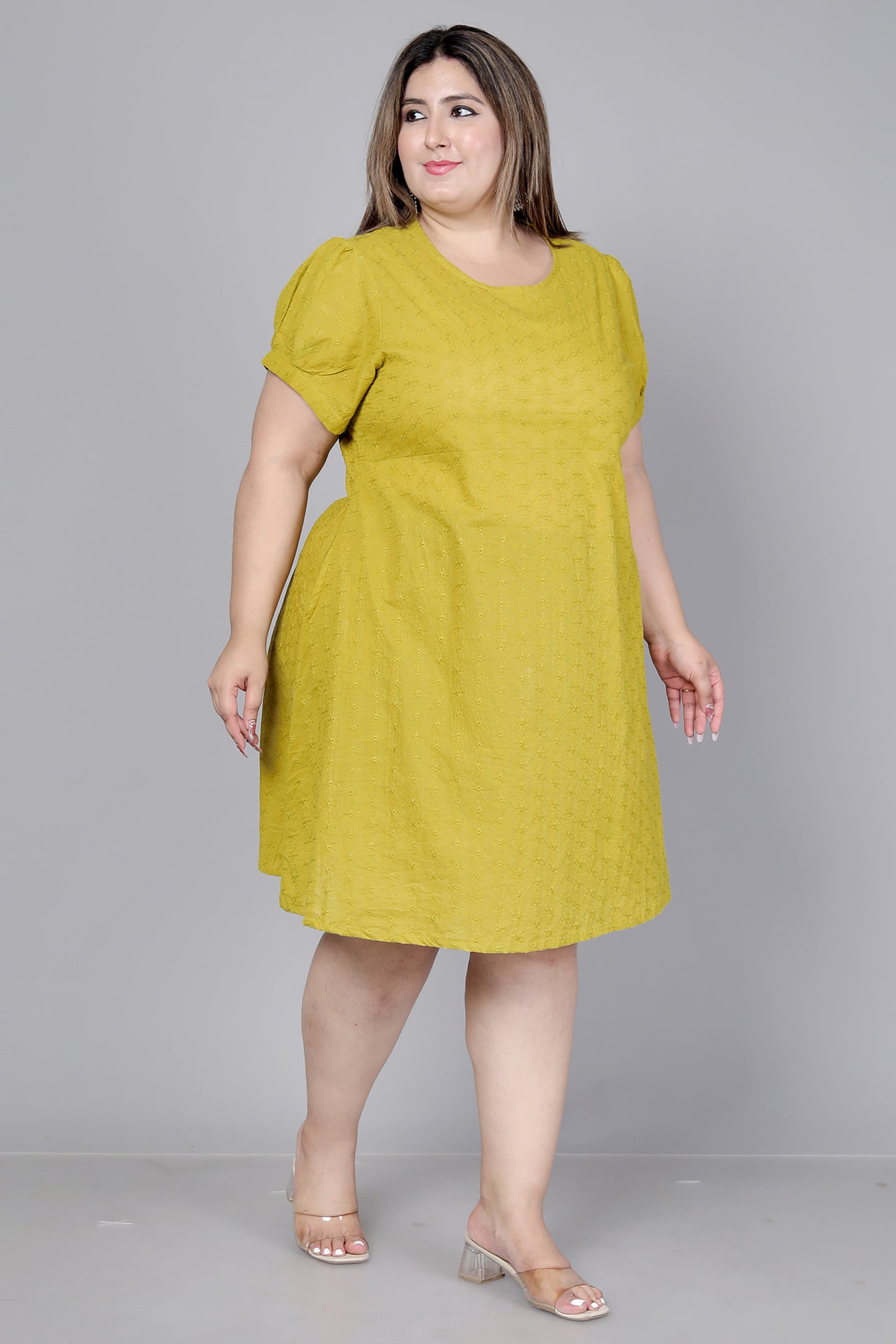 SCHIFFLI EMBROIDERY COTTON DRESS IN SUNLIT MUSTARD BY PLUSSIZEKURTI