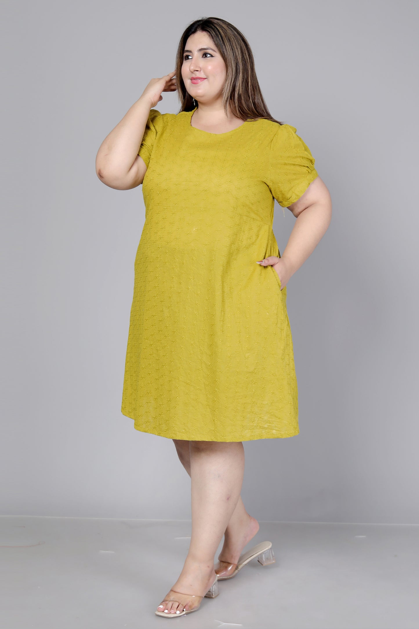 SCHIFFLI EMBROIDERY COTTON DRESS IN SUNLIT MUSTARD BY PLUSSIZEKURTI