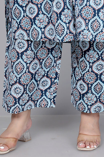 MUGAL MOTIF PRINT COTTON 2 PEICE KURTA PLAZZO IN BLUE/WHITE BY PLUSSIZEKURTI