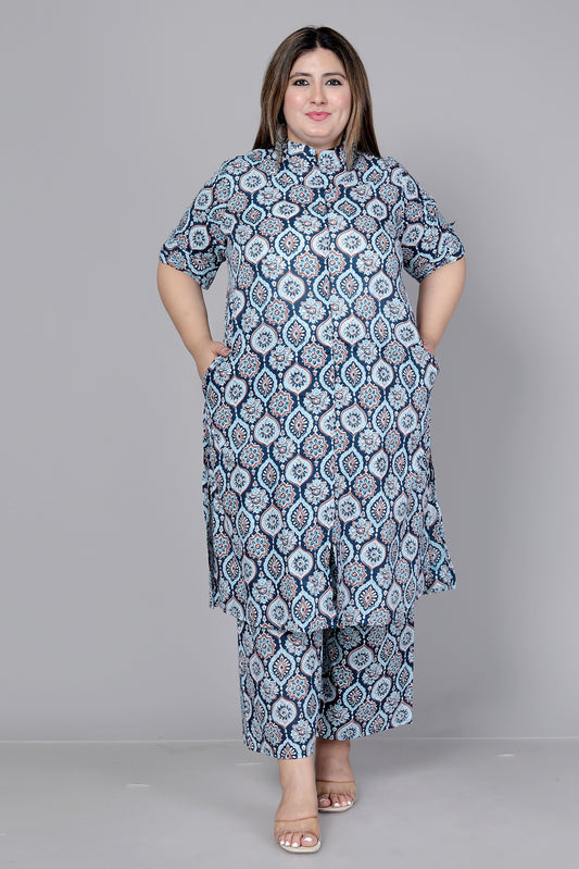 MUGAL MOTIF PRINT COTTON 2 PEICE KURTA PLAZZO IN BLUE/WHITE BY PLUSSIZEKURTI