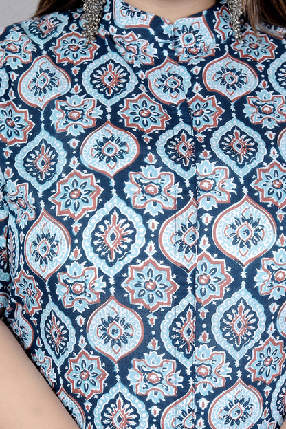 MUGAL MOTIF PRINT COTTON 2 PEICE KURTA PLAZZO IN BLUE/WHITE BY PLUSSIZEKURTI