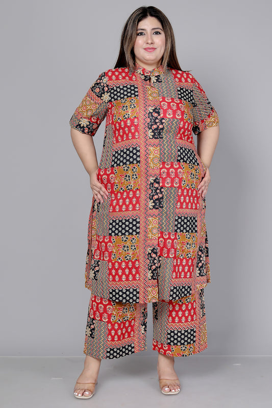 GEOMETRIC PRINT COTTON 2 PEICE KURTA PLAZZO IN MUSTARD BY PLUSSIZEKURTI