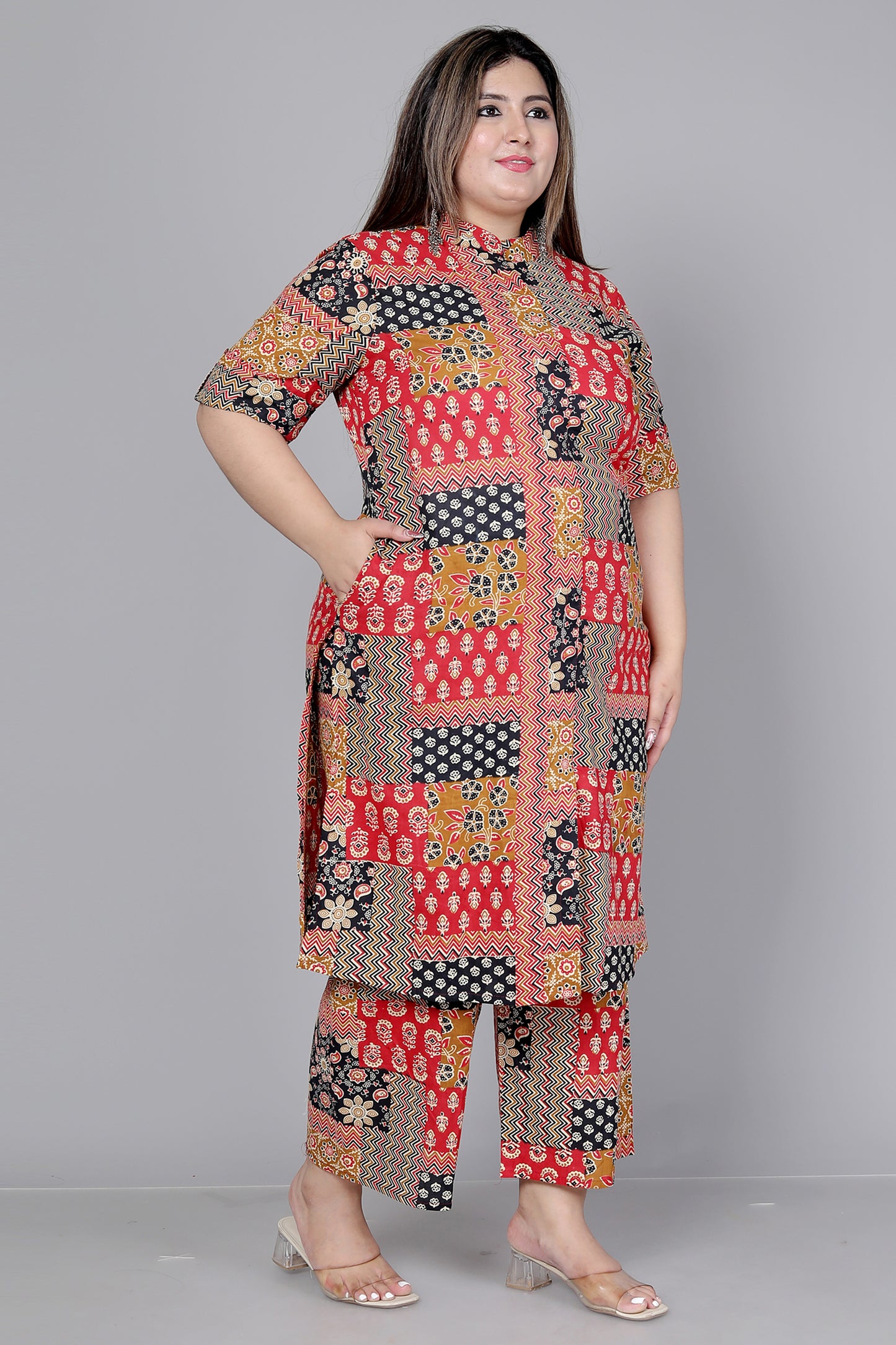 GEOMETRIC PRINT COTTON 2 PEICE KURTA PLAZZO IN MUSTARD BY PLUSSIZEKURTI