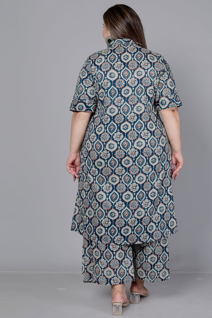 MUGAL MOTIF PRINT COTTON 2 PEICE KURTA PLAZZO IN NAVYBLUE/BEIGE BY PLUSSIZEKURTI