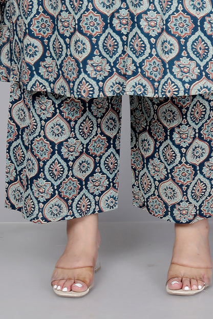 MUGAL MOTIF PRINT COTTON 2 PEICE KURTA PLAZZO IN NAVYBLUE/BEIGE BY PLUSSIZEKURTI
