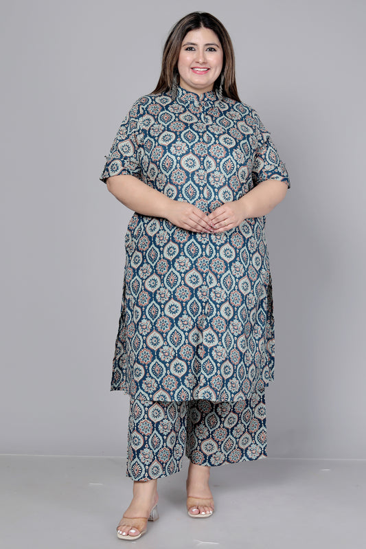 MUGAL MOTIF PRINT COTTON 2 PEICE KURTA PLAZZO IN NAVYBLUE/BEIGE BY PLUSSIZEKURTI