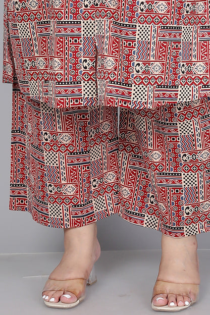 TRIBAL GEOMETRIC PRINT COTTON 2 PEICE KURTA PLAZZO IN RUST/BEIGE BY PLUSSIZEKURTI