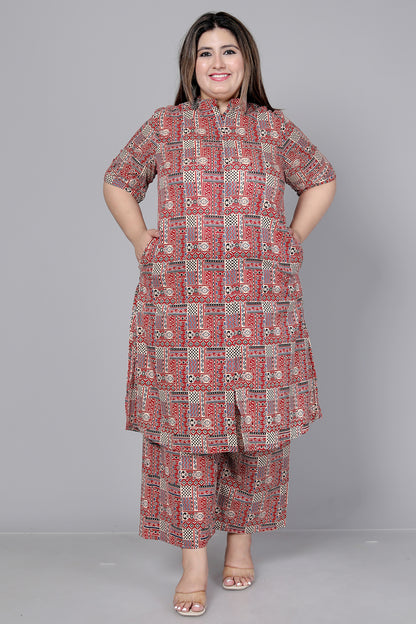 TRIBAL GEOMETRIC PRINT COTTON 2 PEICE KURTA PLAZZO IN RUST/BEIGE BY PLUSSIZEKURTI