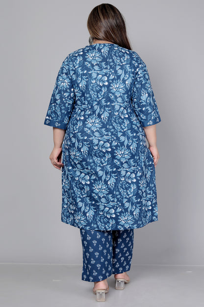 FLORAL PRINT COTTON 3 PEICE KURTA PANT IN BLUE BY PLUSSIZEKURTI